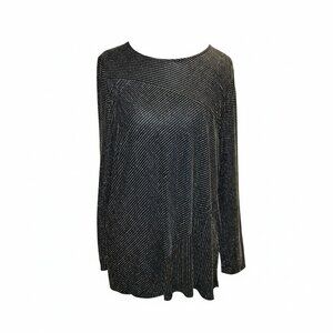 Chicos Blouse Size 2 Large Long Sleeve Shirt Black Gold Metallic Threads Lined